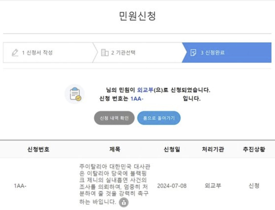 A netizen's complaint to the Korean embassy in Italy regarding Jennie's alleged illegal activities [SCREEN CAPTURE]
