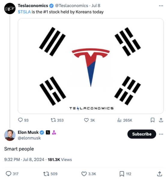 Elon Musk called Koreans “smart” after Tesla became the No. 1 foreign stock in the country. [SCREEN CAPTURE]