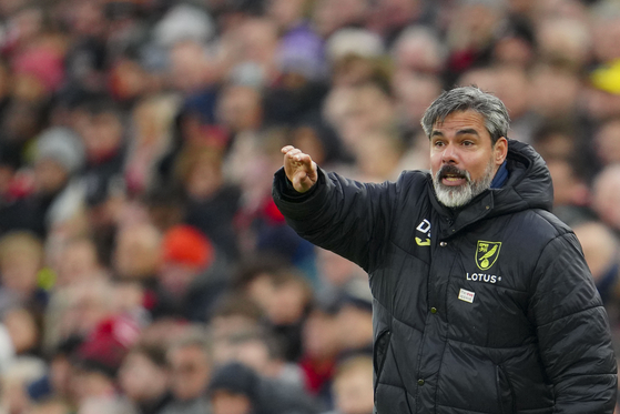 David Wagner gives instructions to his players while managing Norwich City in an FA Cup match against Liverpool at Anfield in Liverpool on Jan. 28.  [AP/YONHAP]