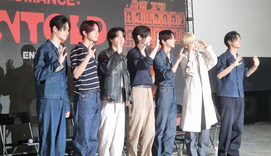 Boy band Enhypen poses for the cameras at its short film premiere event. [KIM MIN YOUNG]