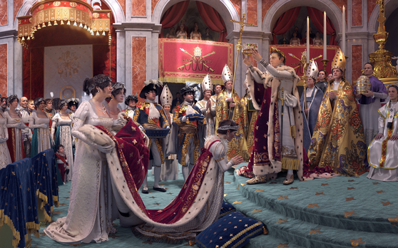 The augmented reality screen shows the coronation of Napoleon I in 1804. [HISTOVERY]