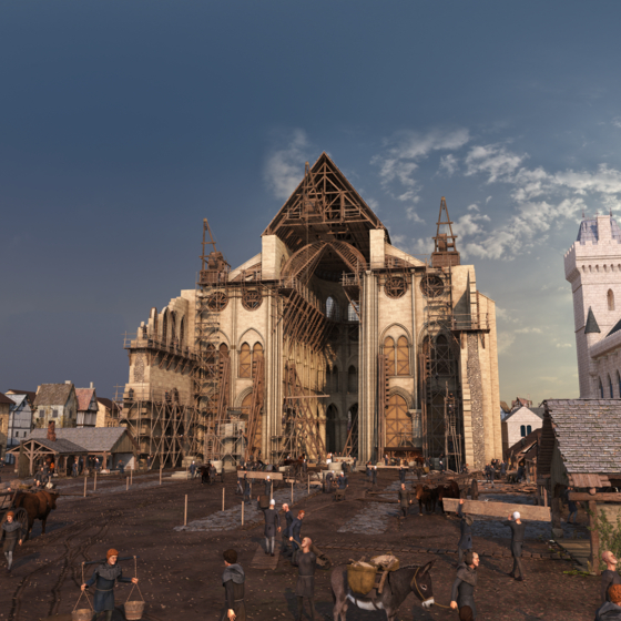 The augmented reality screen shows the construction of the cathedral in 1180. [HISTOVERY]