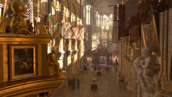 The augmented reality screen shows the interior of Notre Dame de Paris in 1645. [HISTOVERY]