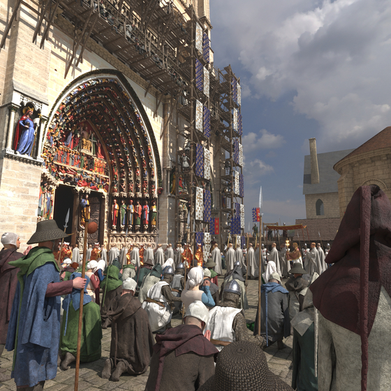 The augmented reality screen shows the procession fo the Crown of Thorns enshrined by Louis IX in 1241. [HISTOVERY]