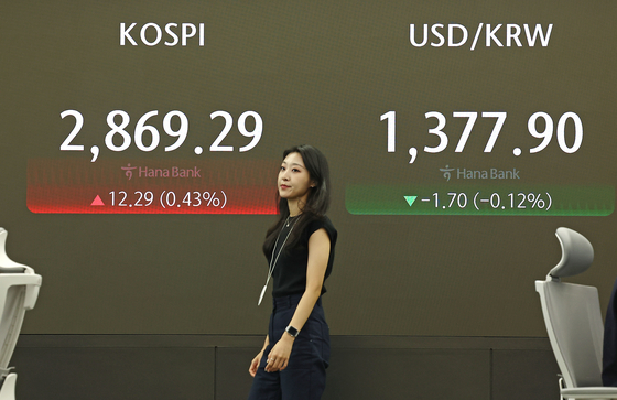 A screen in Hana Bank's trading room in central Seoul shows the Kospi opening on Monday. [YONHAP]