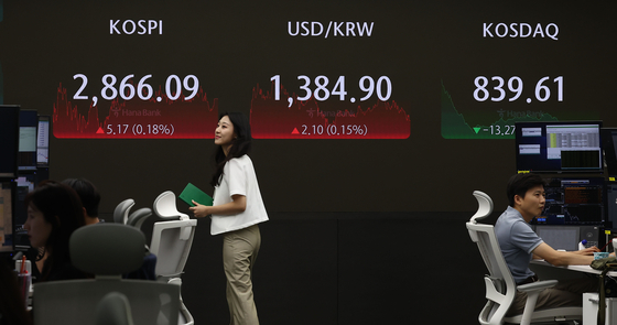 A screen in Hana Bank's trading room in central Seoul shows the Kospi closing at 2,866.09 points on Tuesday, up 0.18 percent, or 5.17 points, from the previous trading session. [YONHAP]