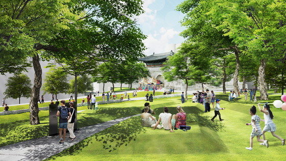 A rendered image provided by the Seoul Metropolitan Government shows people resting in green spaces between Donuimun Museum Village and Gyeonghui Palace. [SEOUL METROPOLITAN GOVERNMENT]