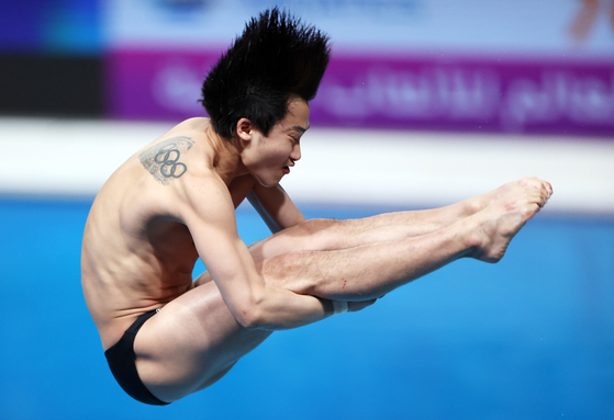 Woo Ha-ram competes during the men's 3m springboard final at the World Aquatics Championships 2024 in Doha, Qatar on Feb. 7.  [XINHUA/YONHAP]