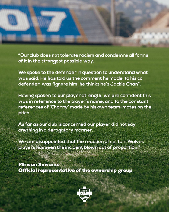 A statement posted on Como 1907's official X account on Tuesday.  [SCREEN CAPTURE]