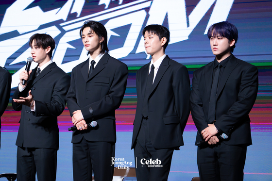 Stray Kids members at the press conference for the release of their latest EP, ″ATE,″ in western Seoul on July 19. [DANIELA GONZALEZ PEREZ]