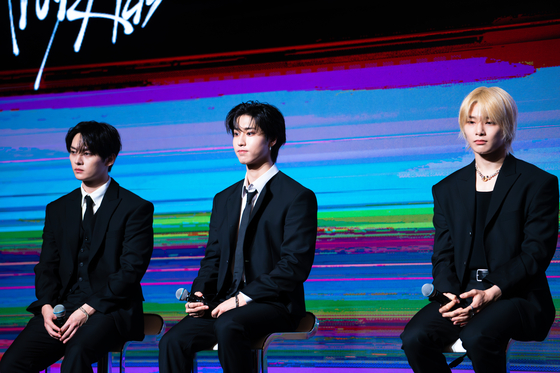 Members of boy band Stray Kids answer questions from reporters during a press conference held at Conrad Seoul hotel in western Seoul on July 19. [DANIELA GONZALEZ PEREZ]