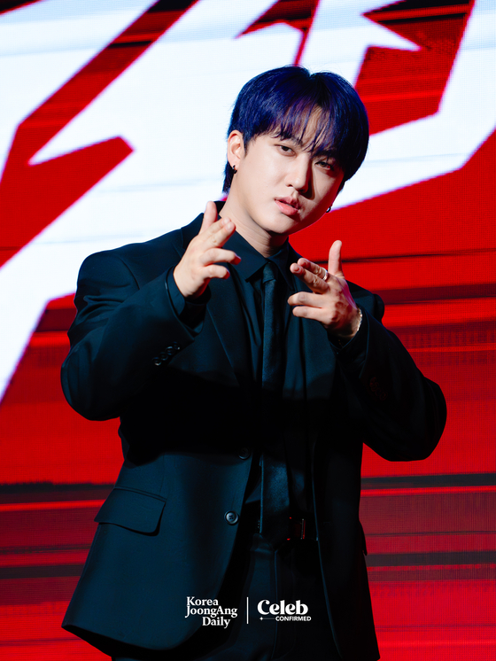 Changbin of Stray Kids at the press conference for the release of their latest EP, ″ATE,″ in western Seoul on July 19. [DANIELA GONZALEZ PEREZ]