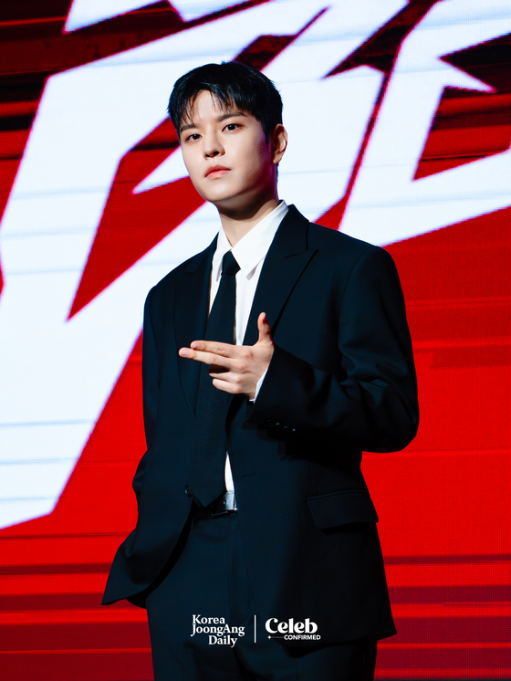Seungmin of Stray Kids at the press conference for the release of their latest EP, ″ATE,″ in western Seoul on July 19. [DANIELA GONZALEZ PEREZ]