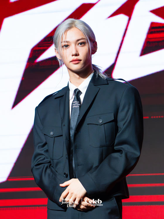 Felix of Stray Kids at the press conference for the release of their latest EP, ″ATE,″ in western Seoul on July 19. [DANIELA GONZALEZ PEREZ]
