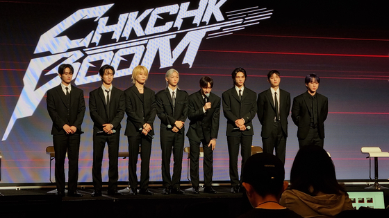 Stray Kids members at the press conference for the release of their latest EP, ″ATE,″ in western Seoul on July 19. [YOON SO-YEON]