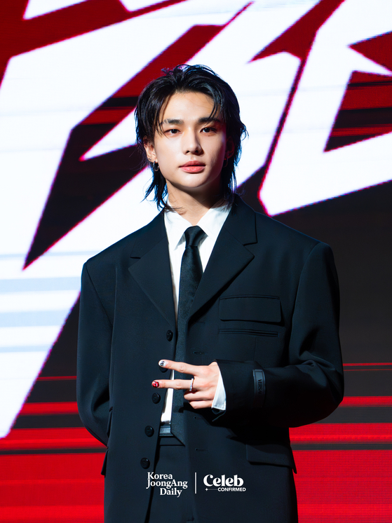 Hyunjin of Stray Kids at the press conference for the release of their latest EP, ″ATE,″ in western Seoul on July 19. [DANIELA GONZALEZ PEREZ]