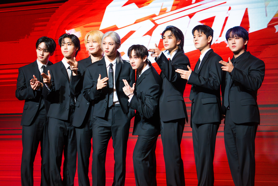 Members of boy band Stray Kids pose for photos during a press conference held at Conrad Seoul hotel in western Seoul on July 19 [DANIELA GONZALEZ PEREZ]