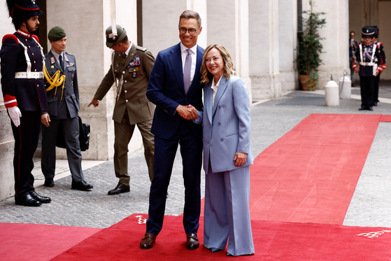 Italian Prime Minister Giorgia Meloni and Finnish President Alexander Stubb meets at Palazzo Chigi, in Rome, Italy, July 4, 2024. [REUTERS/Guglielmo Mangiapane]