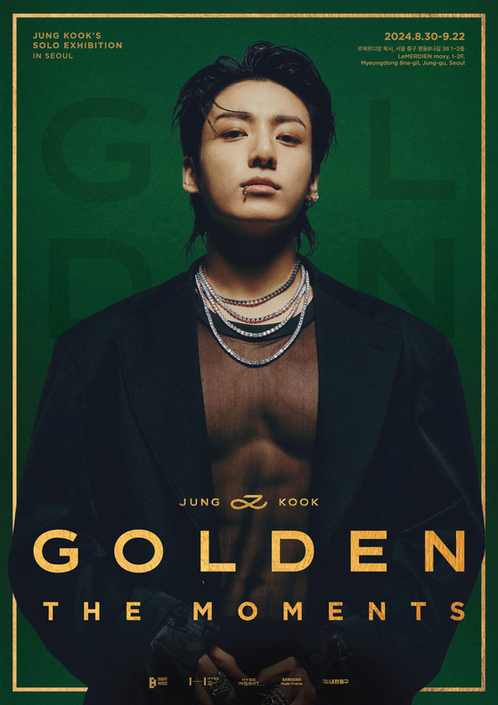Poster for BTS Jungkook's upcoming solo exhibition ″Golden: The Moments″ set to take place in Myeong-dong, central Seoul, starting from Aug. 30 [HYBE]