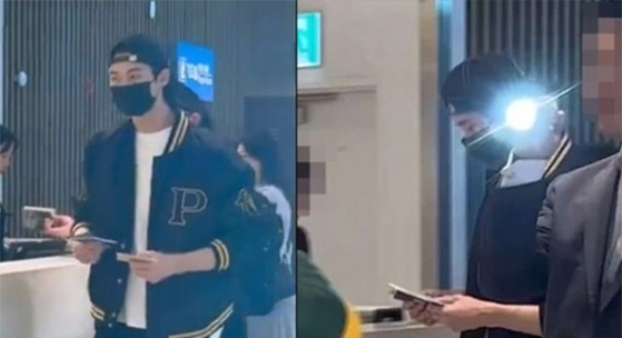 Actor Byeon Woo-seok, left, and security seen allegedly flashing a light at the crowd [SCREEN CAPTURE]