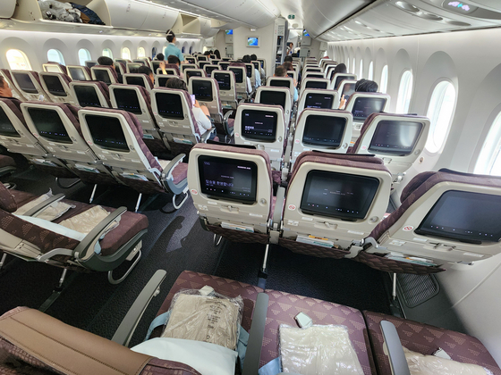 Empty seats are on a flight on a Incheon to Hong Kong route is pictured on Saturday. [YONHAP]