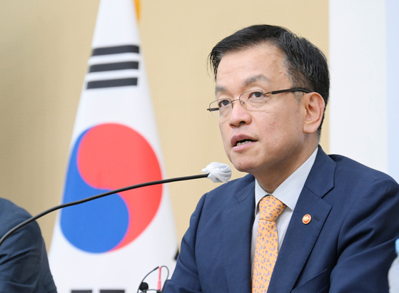 Finance Minister Choi Sang-mok speaks during a press briefing at the government complex in Sejong on Monday, ahead of the announcement of the 2024 Tax Revision Bill on Thursday. [MINISTRY OF ECONOMY AND FINANCE]