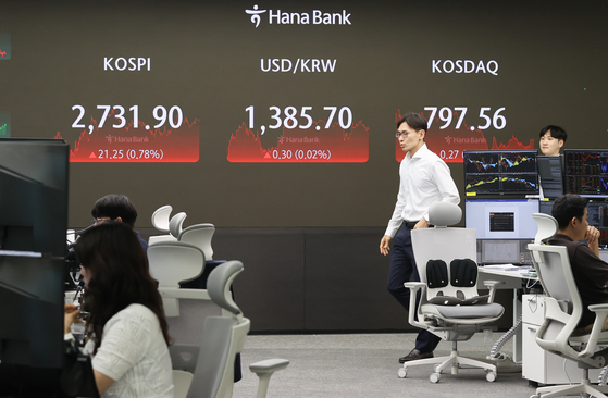 A screen in Hana Bank's trading room in central Seoul shows Kospi closing at 2,731.9 points on Friday, up 0.78 percent, or 21.25 points, from the previous trading session.[YONHAP]
