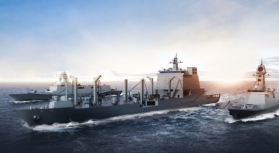 The blueprint for the logistics support ship, AOE-II, that Hanwha Ocean will deliver to the Korean Navy. The shipbuilder was selected as the sole bidder. [HANWHA OCEAN]