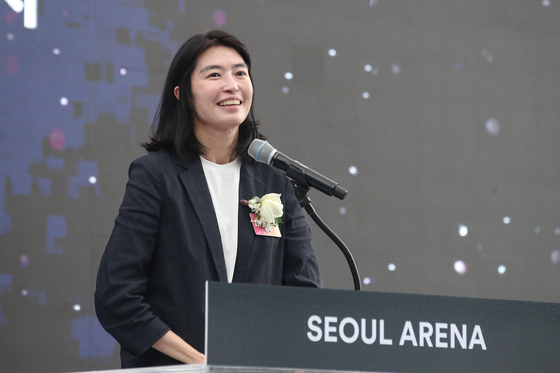 Kakao CEO Chung Shin-a speaks at a groundbreaking ceremony for the construction of Seoul Arena, the first K-pop centered cultural facility, at Dobong District, northern Seoul, on July 2. [NEWS1]