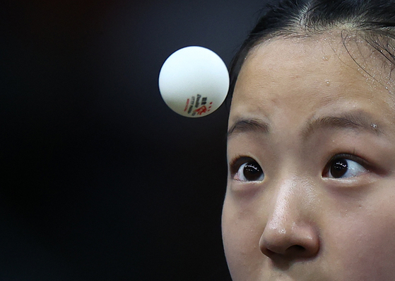 Shin Yu-bin in action during a round of 16 mixed doubles table tennis match at the 2024 Paris Olympics in Paris on Saturday. [REUTERS/YONHAP]
