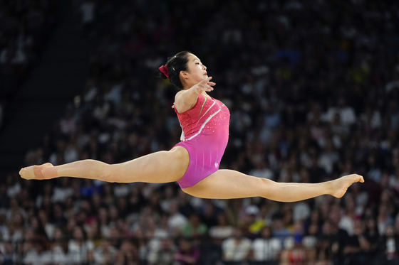 Chang Ok-an of North Korea competes on the floor exercise during a women's artistic gymnastics qualification round at Bercy Arena at the Paris Olympics on Sunday in Paris. [AP/YONHAP] 