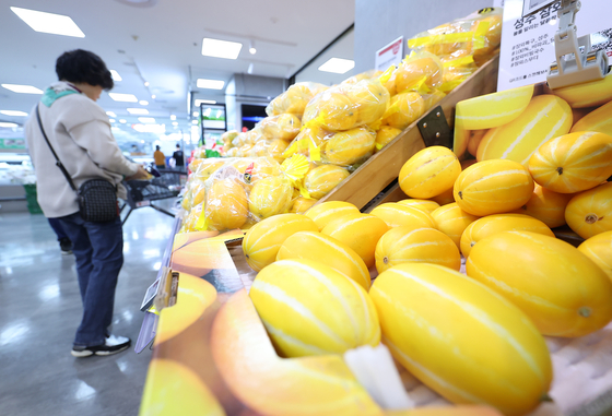Oriental melon are displayed at a supermarket in Seoul in May. [YONHAP]