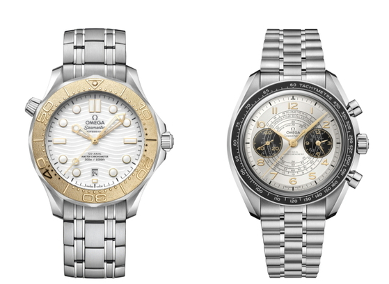 Omega's Paris Olympics edition of its ″Seamaster Diver 300,″ left, and "Speedmaster Chronoscope" watches will be given to fencer Oh Sang-uk and shooter Oh Ye-jin for being the first individual gold medalists in this year's Summer Games. [OMEGA]