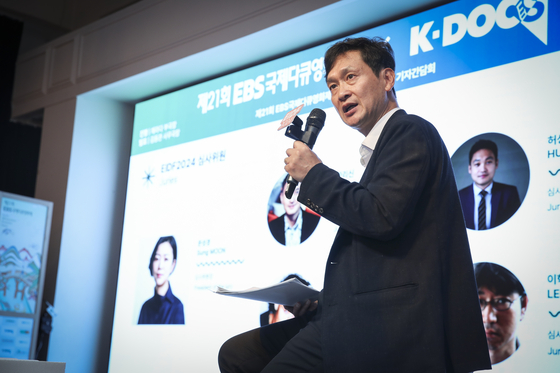 Kim Dong-kwan, the executive director of the EBS International Documentary Festival 2024, speaks during a press conference for the upcoming festival in Mapo District, western Seoul, on Tuesday. [EIDF 2024]