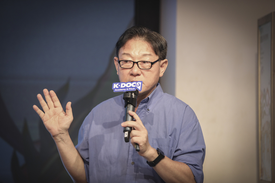 Hyoung Gunny, the artistic director of EBS International Documentary Festival 2024, speaks during a press conference for the upcoming festival in Mapo District, western Seoul, on Tuesday. [EIDF 2024]