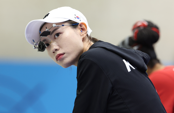 Kim Ye-ji reacts during the women's 10-meter air pistol final in Chateauroux, France on July 28.  [XINHUA/YONHAP]