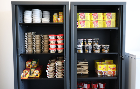 An athletes’ lounge for Team Korea is filled with snacks and instant meals, including ramyeon, at the Paris Olympic Village located in Saint-Denis, France, on July 23. 