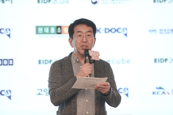 Kim Gwang-ho, the festival director of EBS International Documentary Festival 2024, speaks during a press conference for the upcoming festival in Mapo District, western Seoul, on Tuesday. [EIDF 2024]