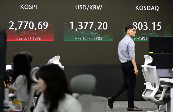 A screen in Hana Bank's trading room in central Seoul shows the Kospi closing at 2,770.69 points on Wednesday, up 1.19 percent, or 32.50 points, from the previous trading session. [NEWS1] 