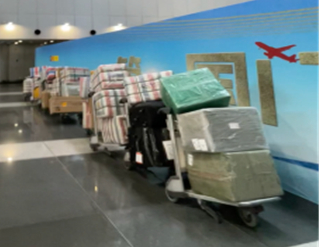 North Korean workers' luggage is spotted at Beijing Capital International Airport for the flight back to their home country, as shown in this photo captured in mid-July provided by a source. [JOONGANG PHOTO]