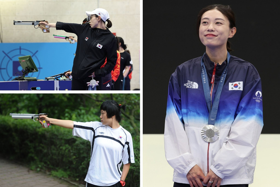 Clockwise from top left: Kim Ye-ji shoots during the final of the women's 10-meter air pistol competition at the Paris Olympics on Sunday. Kim poses with her silver medal at the Olympics. Kim poses with an air pistol while a student at Chungbuk Physical Education High School in 2010.  [JOINT PRESS CORPS; KOREA SHOOTING FEDERATION]
