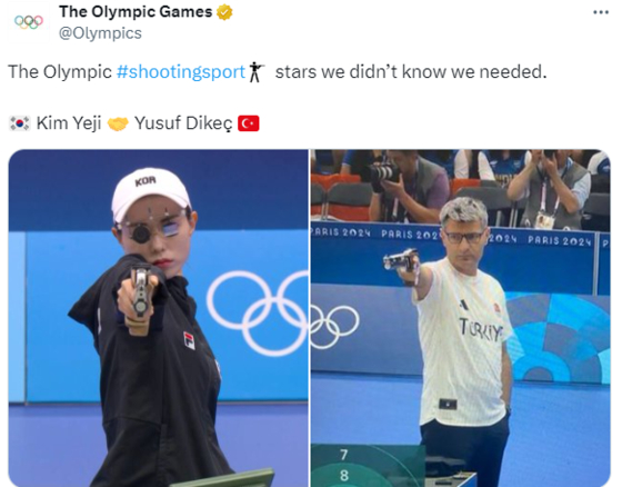 A Thursday post by the official X account for the Olympics puts Korea's Kim Ye-ji and Turkey's Yusuf Dikec side by side. [SCREEN CAPTURE]