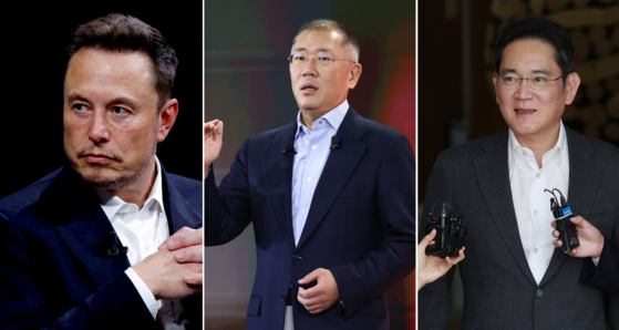 Tesla CEO Elon Musk, Hyundai Motor Group Executive Chair Euisun Chung and Samsung Electronics Executive Chairman Lee Jae-yong will meet up in Paris this weekend, according to local reports on Thursday. [REUTERS/YONHAP, YONHAP]