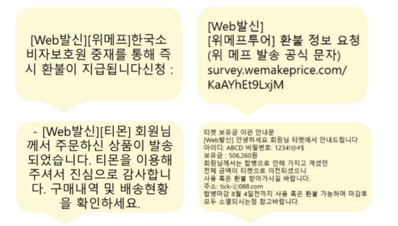 Examples of text messages sent by scammers pretending to work for TMON or WeMakePrice. [KOREA INTERNET & SECURITY AGENCY, KONAN]