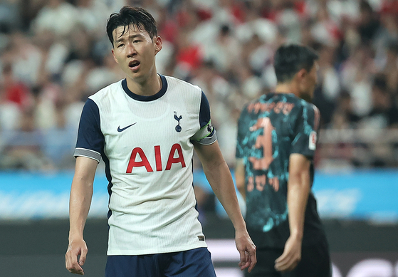 Tottenham Hotspur captain Son Heumg-min reacts during a Coupang Play Series match against Bayern Munich at Seoul World Cup Stadium in western Seoul on Saturday. [NEWS1]