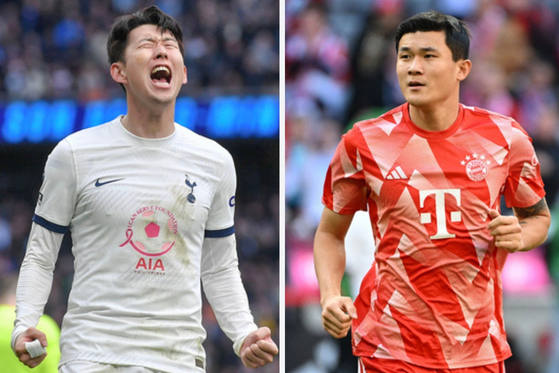 Korean teammates Son Heung-min from Tottenham Hotspur, left, and Kim Min-jae from Bayern Munich will face each other at Seoul World Cup Stadium in western Seoul on Saturday evening. [YONHAP]