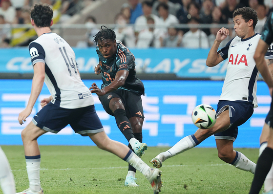 Bayern Munich's Mathys Tel shoots during a Coupang Play Series match against Tottenham Hotspur at Seoul World Cup Stadium in western Seoul on Saturday. [NEWS1]