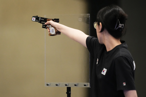 Korea's Yang Ji-in competes in the women's 25-meter pistol final at the Paris Olympics Saturday in Chateauroux, France. [REUTERS/YONHAP]