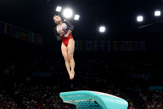 Yeo Seo-jeong competes in the women's vault final at the Bercy Arena in Paris on Saturday. [REUTERS/YONHAP]