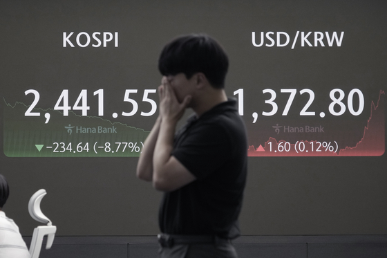 A screen in Hana Bank's trading room in central Seoul shows the Kospi closing at 2,441.55 points on Monday, down 8.77 percent, or 234.64 points, from the previous trading session. [AP/YONHAP]